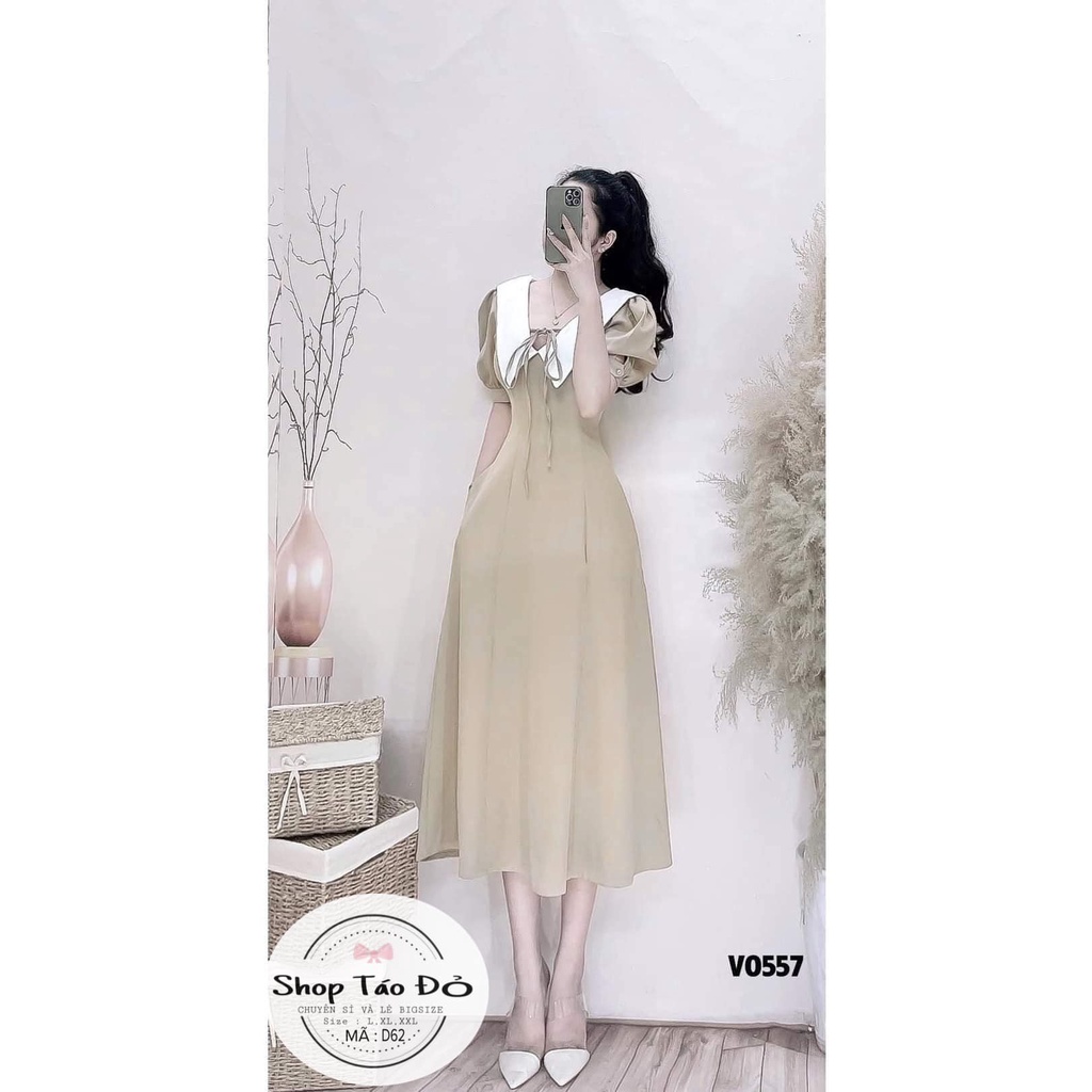 (TÁO ĐỎ BIGSIZE 55-90KG) Đầm midi đen phối cổ trắng tay phồng tiểu thư D62 ( ảnh + video thật shop chụp quay 100%) 🍎🍎🍎 | WebRaoVat - webraovat.net.vn