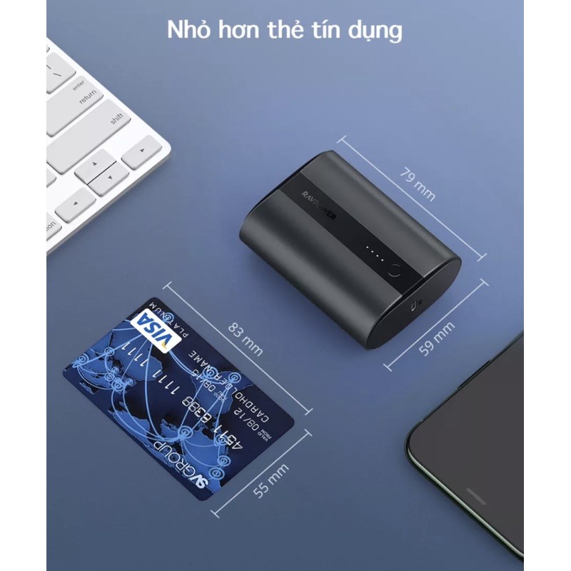 Pin sạc dự phòng Super Mini, thân NHÔM RavPOWER RP-PB197 10000mAh PD 3.0 18W & QC 3.0 18W