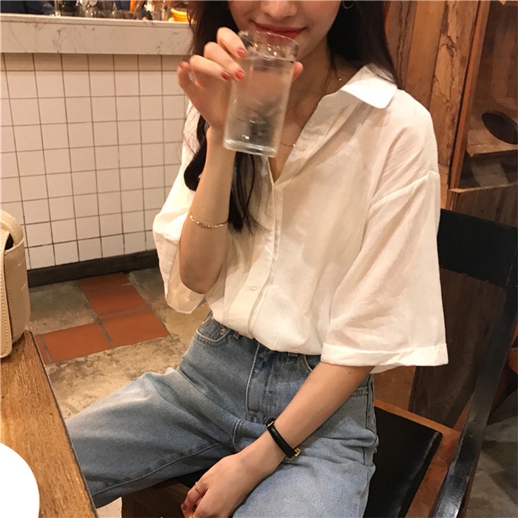 Summer  Korean style loose short-sleeved shirt female solid color blouse top design sense Hong Kong style shirt