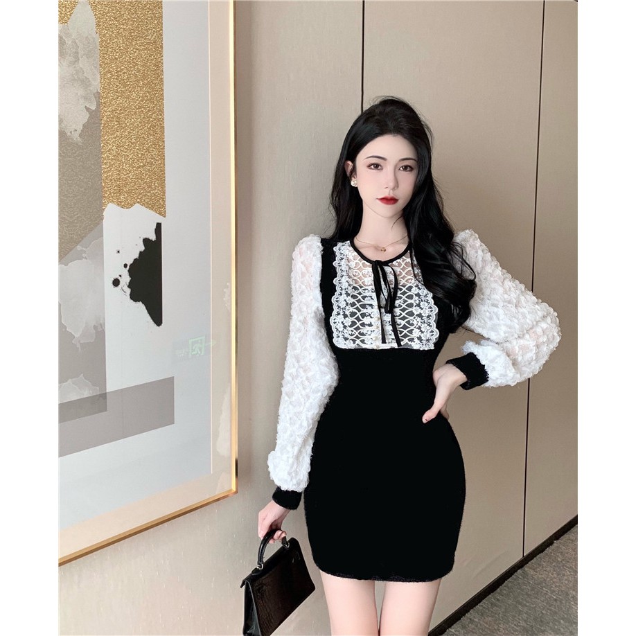 Đầm nữ dài tay phong cách sang trọng khí chất hàng Quảng Châu cao cấp váy ngắn đầu xu hướng