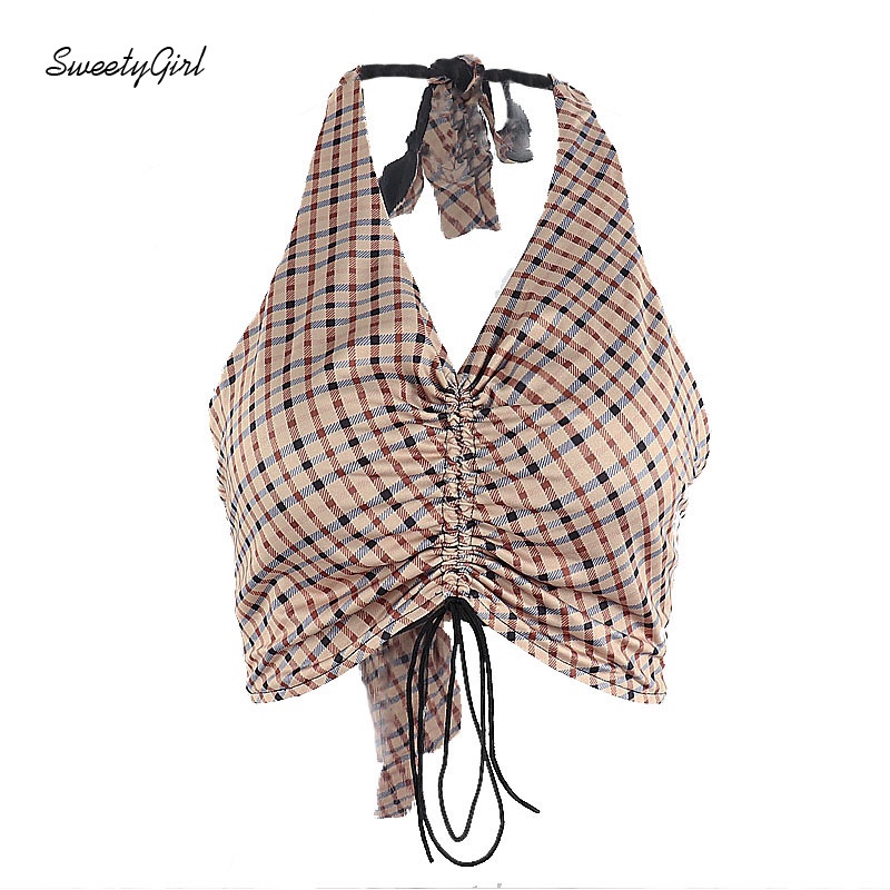 Áo Hai Dây Cổ Chữ V Họa Tiết Sọc Caro Thời Trang Quyến Rũ Cho Nữ 2022