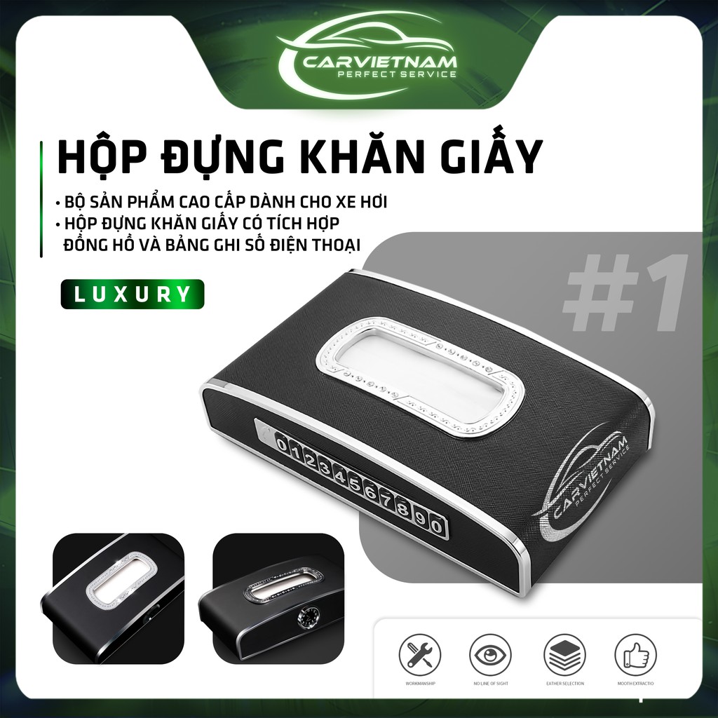 Hộp Đựng Khăn Giấy Trên Xe Ô Tô (Kèm Đồng Hồ + Bảng Số Điện Thoại) - Chất Liệu Cao Cấp Thiết Kế Sang Trọng