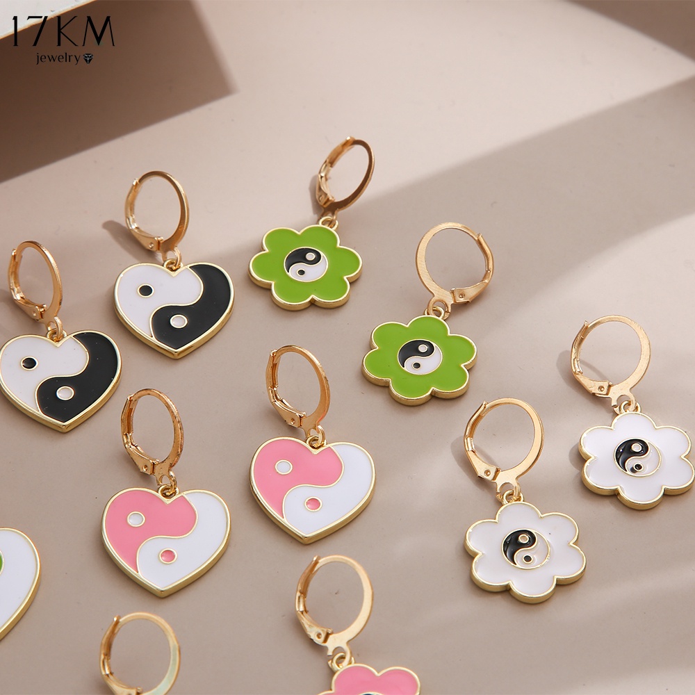 Hoa tai 17KM móc tròn hình trái tim phối màu sắc thời trang