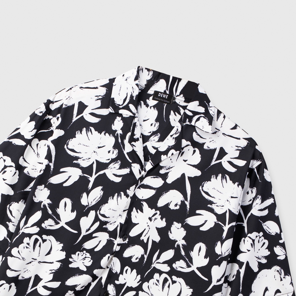 Áo sơ mi nam ngắn tay DEWE, vải lụa nhập khẩu chống nhăn thoáng mát,họa tiết Hoa Trắng - DEWE Cuban Shirt