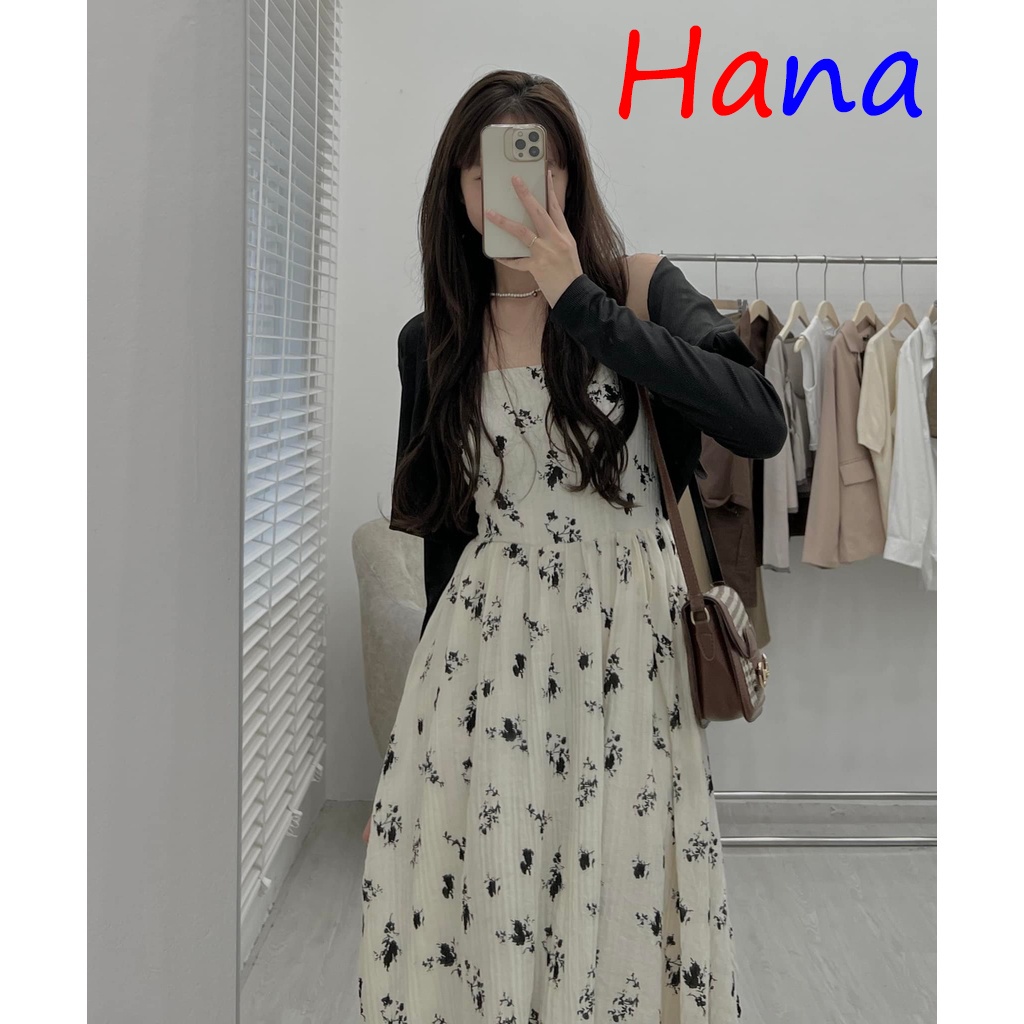 Váy hai dây hoa nhí lưng chun kèm áo cardigan croptop- Hana06