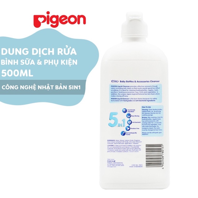 Dung dịch nước rửa bình sữa phụ kiện rau củ Pigeon Eco 450ml/500ml