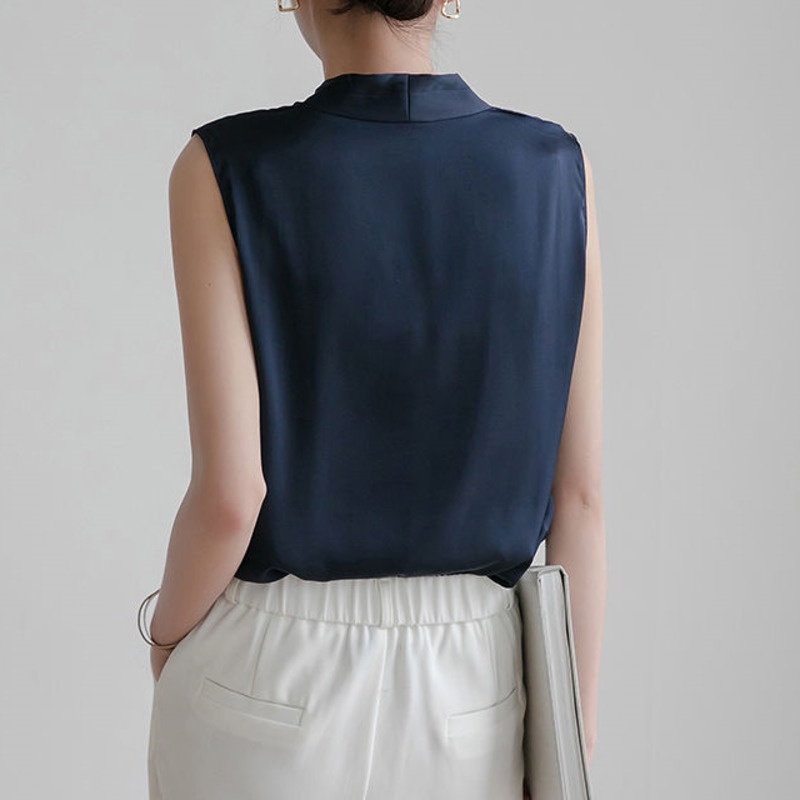 Áo sơ mi chiffon RENJIANVSHENG 165822 màu trơn không tay cổ chữ V thời trang cho nữ