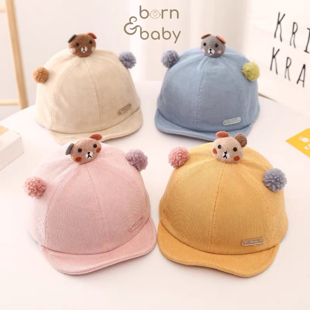 Mũ cho bé gái trai hình thú gấu nhỏ 2 cục bông xinh nhiều màu dễ thương Bornbaby M001