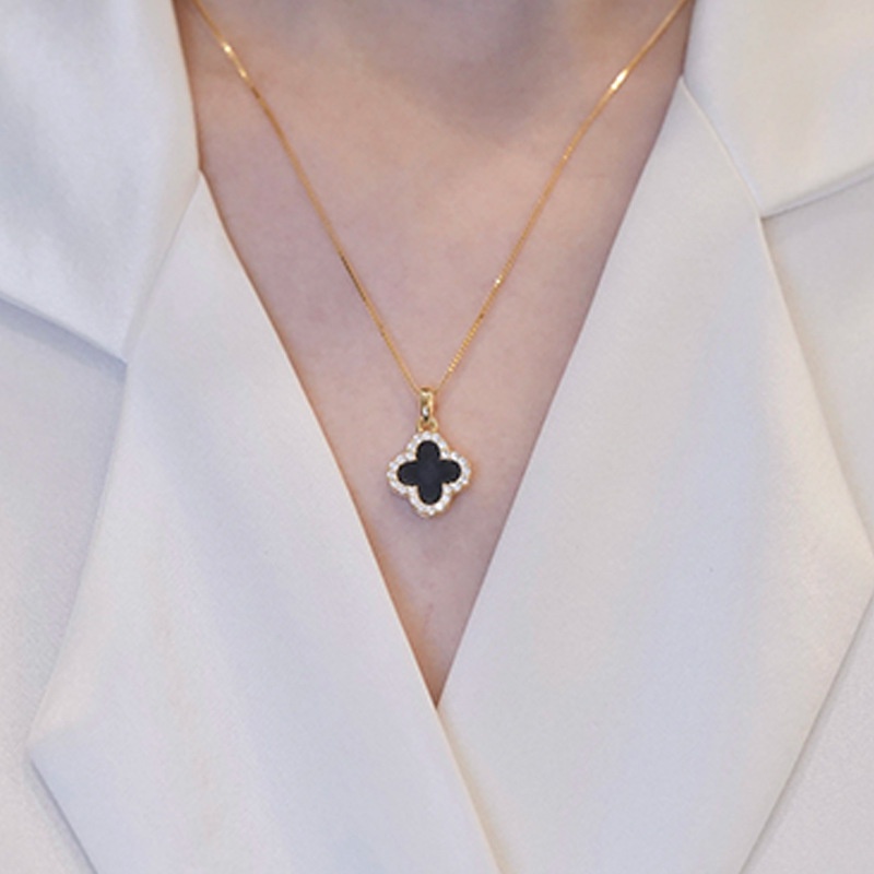 Dây chuyền RINHOO bằng thép titan mặt cỏ bốn lá đính đá zircon thời trang