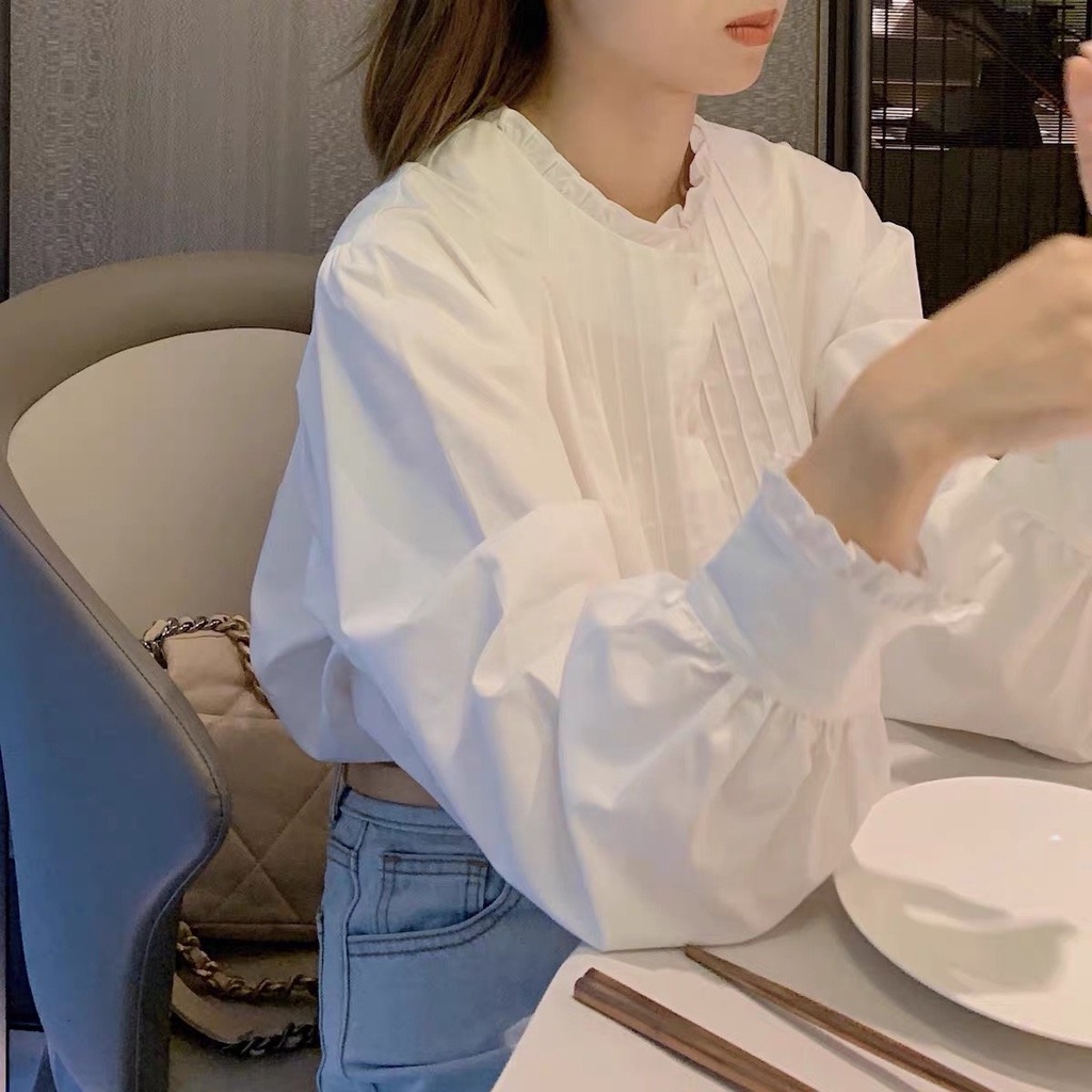 Áo sơ mi dài tay nữ trắng xếp ly cổ bèo freesize phom rộng dáng thung công sở học sinh cổ điển hàn quốc basic C805