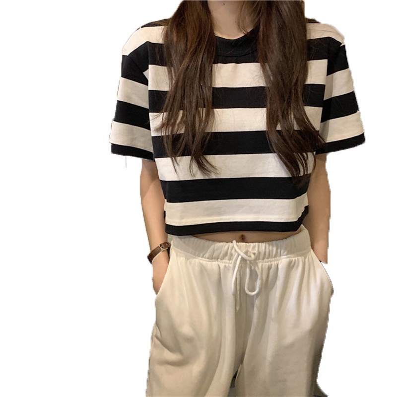 IELGY  Áo Thun Tay Ngắn Dáng Rộng Họa Tiết Kẻ Sọc Màu Đen Thời Trang Cho Nữ