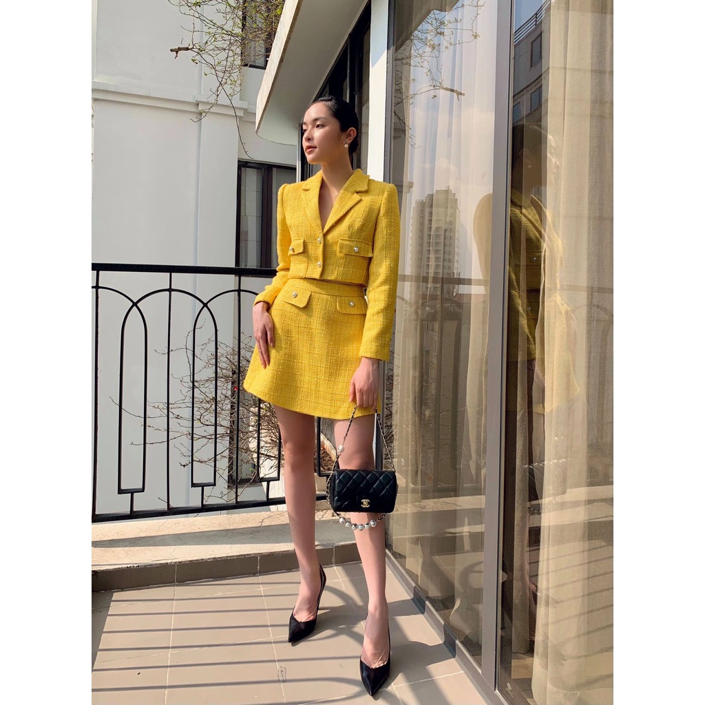 Set vest tweet vàng và chân váy chữ A nữ HUONG BOUTIQUE HBVEST118 | BigBuy360 - bigbuy360.vn
