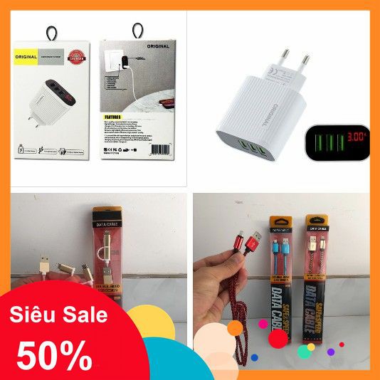 CÓC SẠC NHANH ORIGINAL 3 CỔNG USB LED - CÁP DÂY DÙ (MICRO-USB, IPHONE, 2IN1) [SALE]
