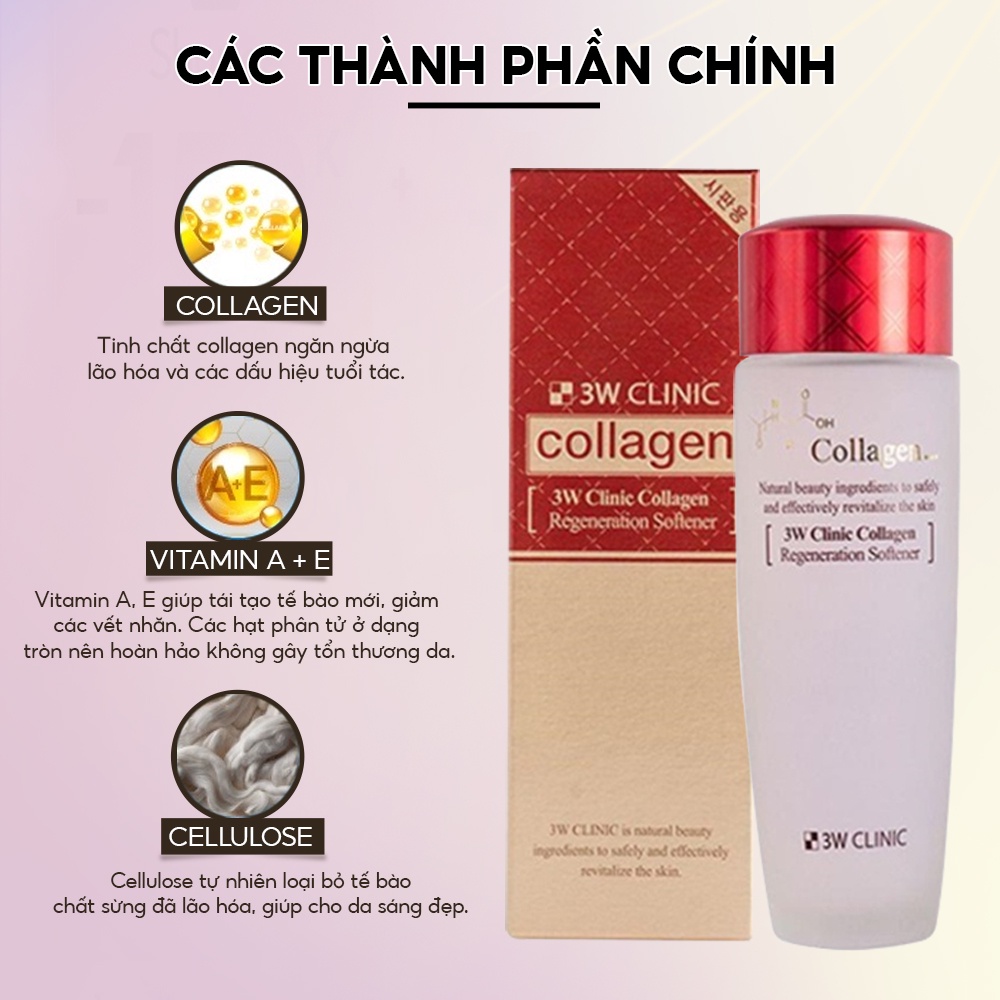 Nước hoa hồng dưỡng da săn chắc chống lão hóa Collagen 3W CLINIC Hàn Quốc 150ml giúp se nhỏ lỗ chân lông làm sạch da