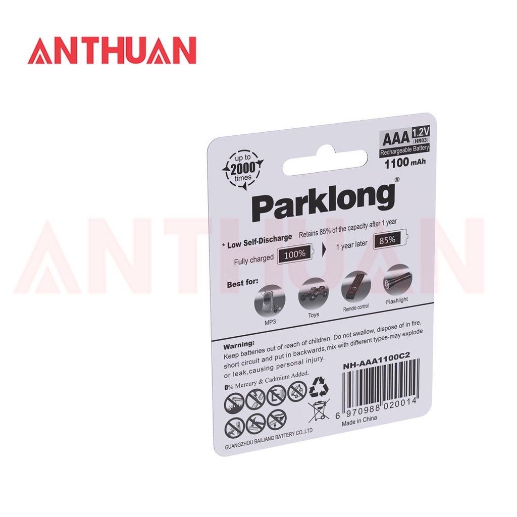Vỉ 02 pin đũa sạc AAA 1.2V 1100mAh Parklong,Pin cao cấp chuyên dùng cho điều khuyển, các thiết bị điện tử