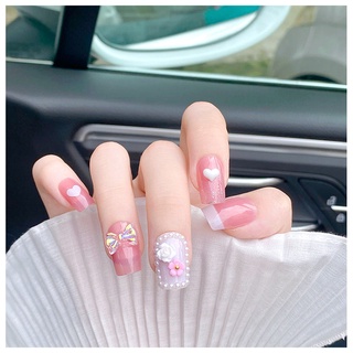 Bộ móng tay giả đính đá nails box màu hồng đính nơ sang chảnh herbeauty 1903