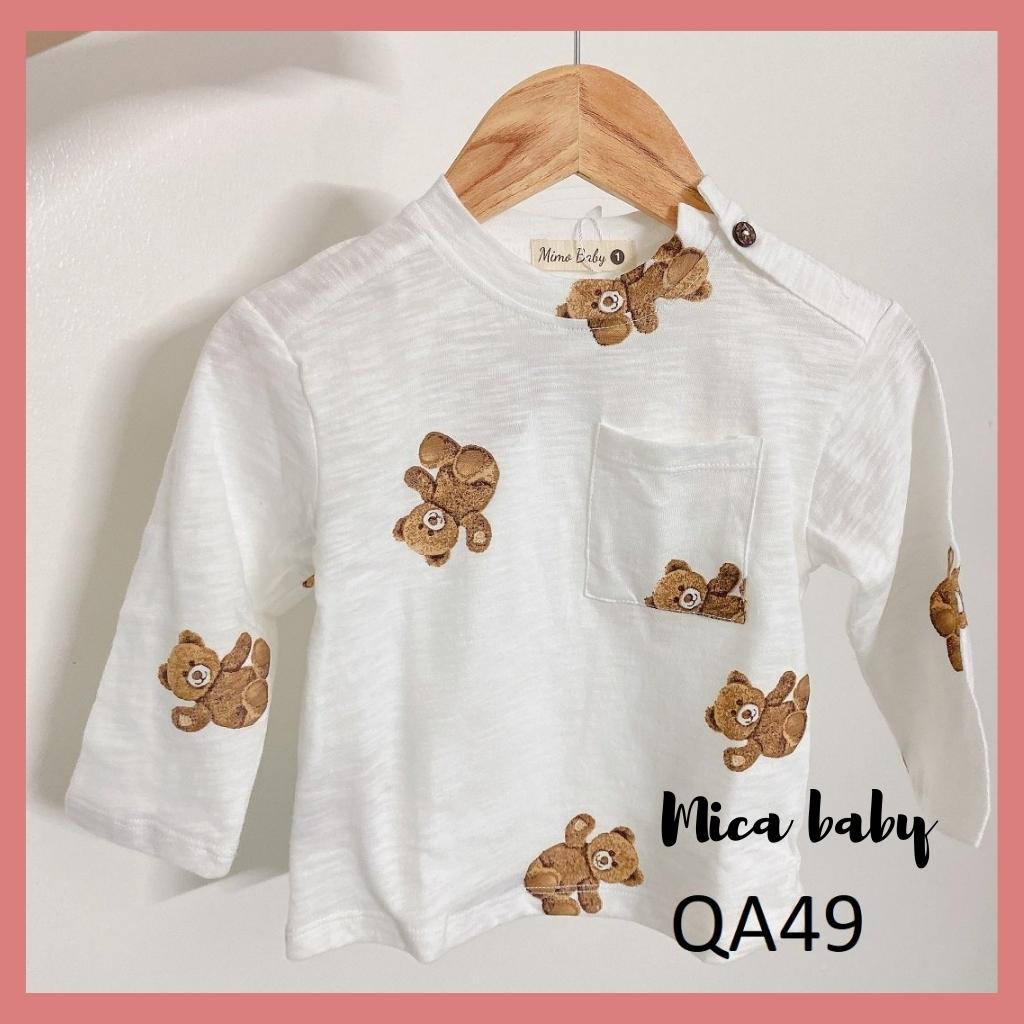 Áo phông dài tay thu đông cho bé chất cotton in hình gấu QA49, áo thun phối túi ngực cho bé Mica Baby