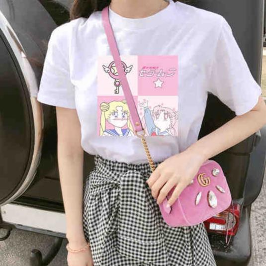 Áo thun T-shirt cotton cổ tròn tay ngắn in hình thủy thủ mặt trăng thời trang Hàn Quốc mùa hè  ྇