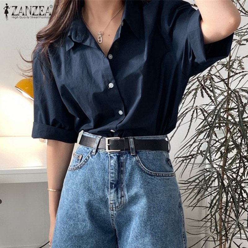 Áo sơ mi ZANZEA tay ngắn màu trơn cổ bẻ thời trang dành cho nữ