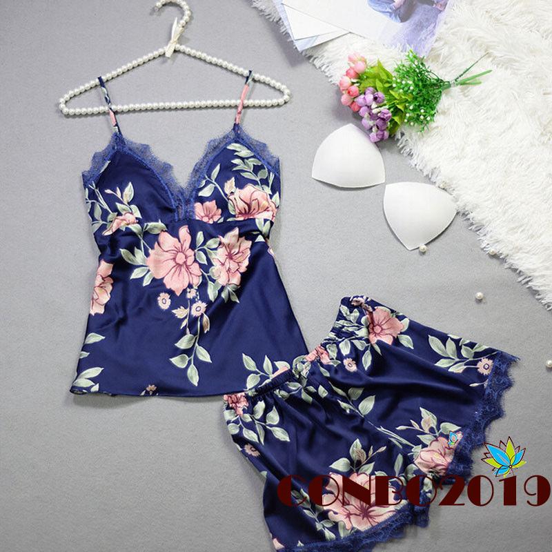 Set Đồ Ngủ Vải Satin Phối Ren Hoa Quyến Rũ Cho Nữ