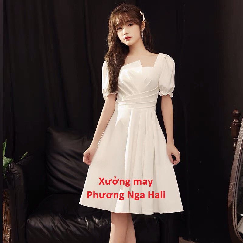 ĐẦM XÒE DỰ TIỆC CHẤT VẢI ĐẸP XƯỞNG MAY PHƯƠNG NGA HALI -VÁY TRẮNG ĐI CHƠI CÔNG SỞ XẾP LY EO TAY HOA SANG TRỌNG | BigBuy360 - bigbuy360.vn