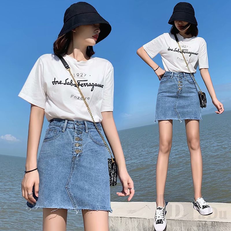 Chân váy jean Chữ A Xếp Ly Lưng Cao Co Giãn Phong Cách Hàn Quốc Mới