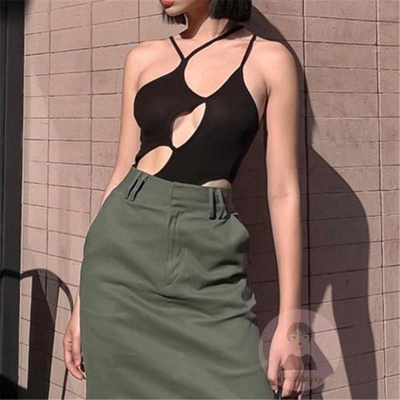 DRE-Women Irregular Backless Bodysuit,Ribbed Solid Color Spaghetti Strap Cutout Halter Bodysuit | WebRaoVat - webraovat.net.vn