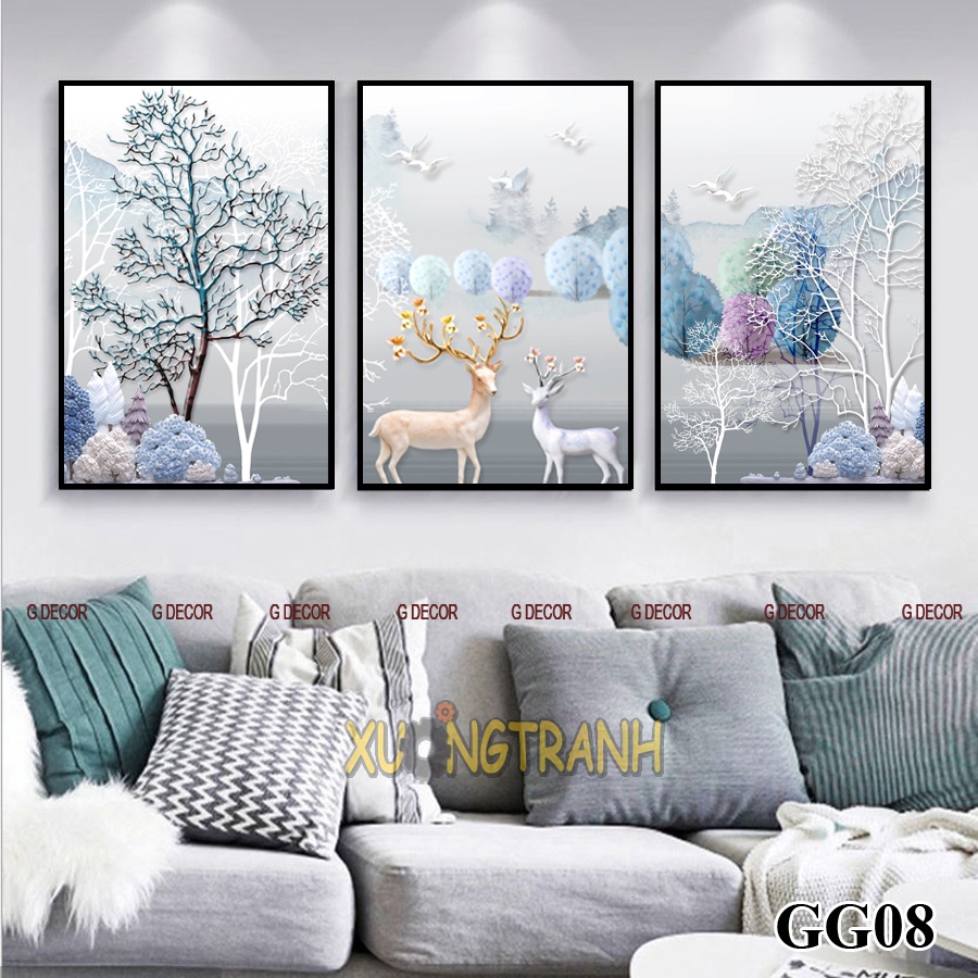 Tranh treo tường canvas 3 bức phong cách Bắc Âu 64, tranh hươu tài lộc trang trí phòng khách, phòng ngủ, phòng ăn, spa.