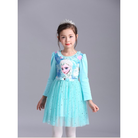 J158 Váy bé gái Elsa Frozen tay dài xanh