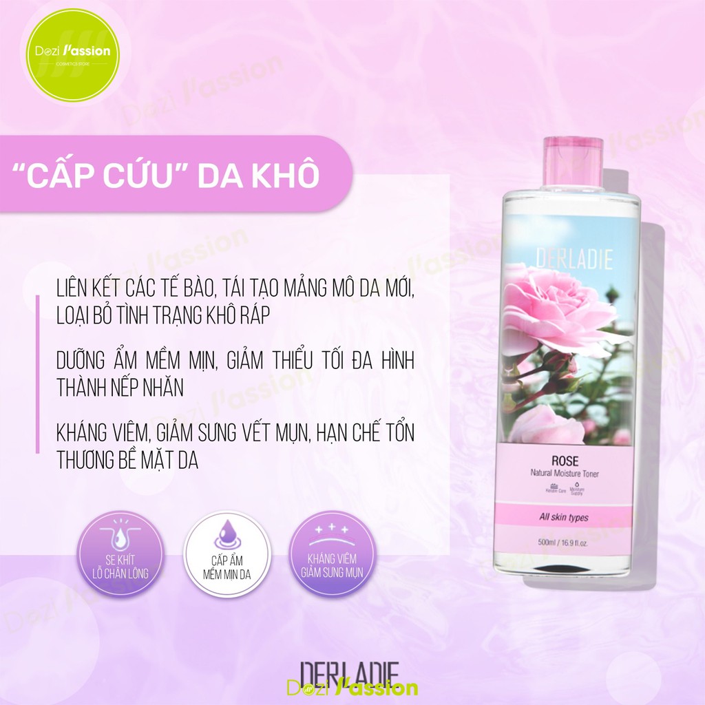 Nước Hoa Hồng Derladie Ngừa Mụn, Thu Nhỏ Lỗ Chân Lông Chiết Xuất Hoa Hồng - Toner Derladie Natural Moisture Toner 500ml