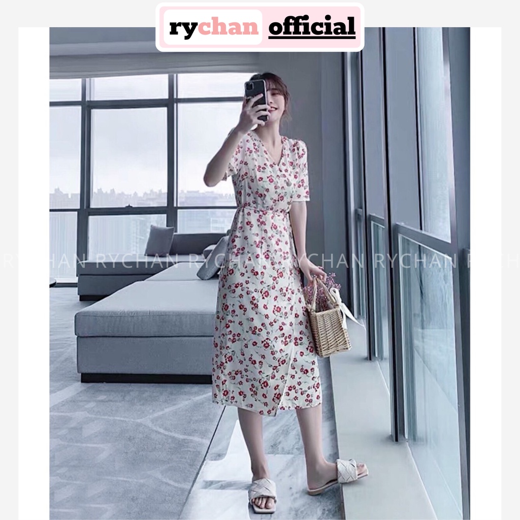 Đầm Đi Du Lịch Biển Xòe Hoa Đỏ Xẻ Tà Cổ V Tay Ngắn Thục Nữ - DX745