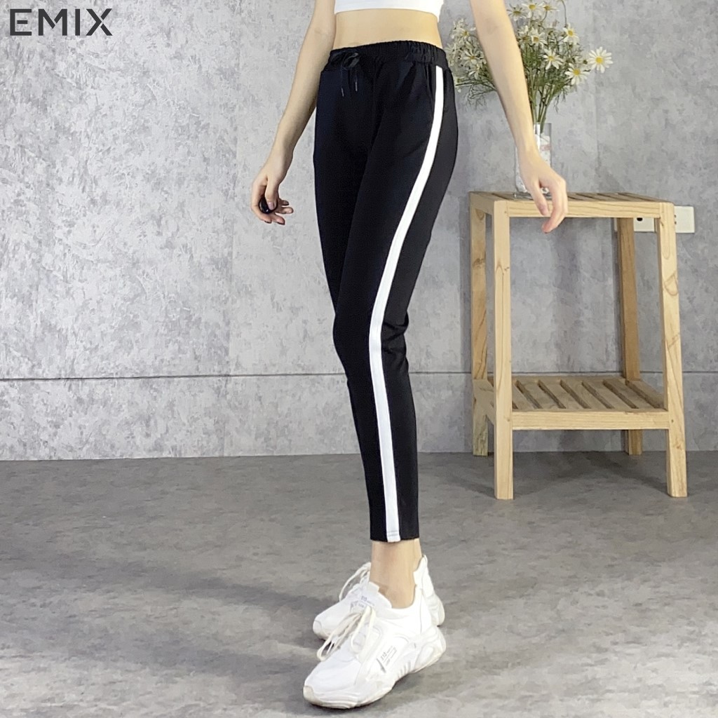 Quần thể thao nữ 1 sọc  trắng EMIX (màu đen), cạp chun thoải mái, chất umi co giãn tốt, cá tính, trẻ trung