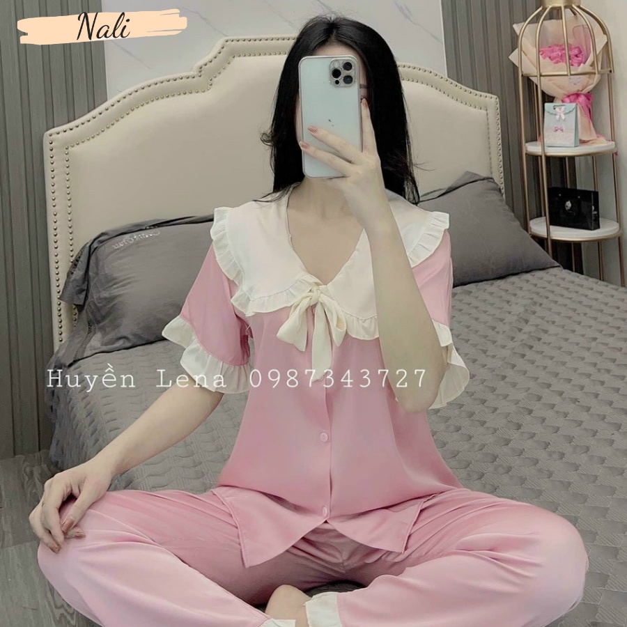 Bộ pijama satin mềm mát, bộ đồ ngủ cộc tay cổ thắt nơ công chúa dễ thương, mát mẻ hàng loại 1 NL139 | BigBuy360 - bigbuy360.vn