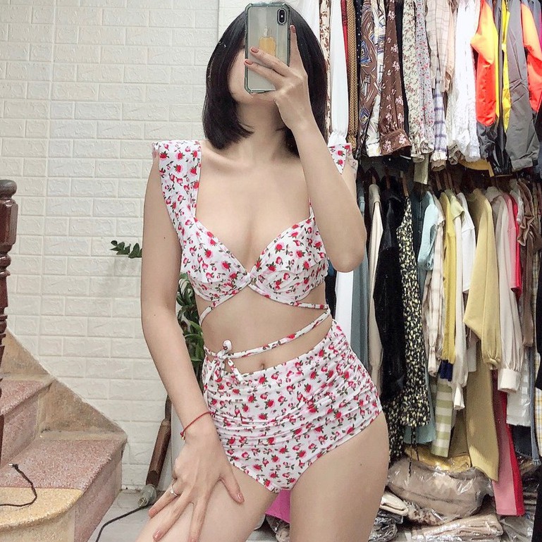 Đồ bơi, bikini hai cánh tiên 🏖️Freeship🏖️ nền trắng hoa hồng nhí mặc đi biển đi bơi đẹp Hà Nội