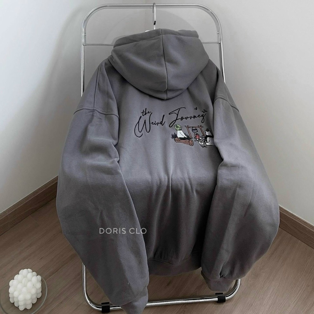 Áo hoodie xám thêu logo họa tiết tuổi teen from rộng dáng chuẩn