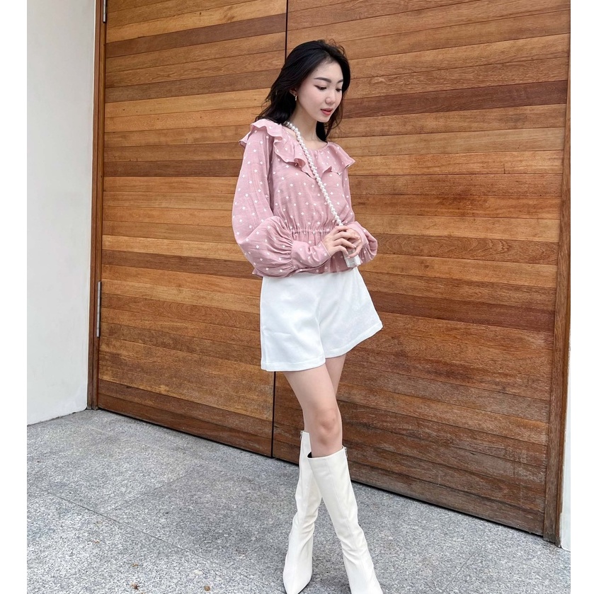 Anniegals - Áo hồng chấm bi tay phồng nhúng phần eo - Zunnie Blouse