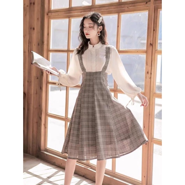 Set Yếm Caro kèm áo sơ mi tách rời 2 món