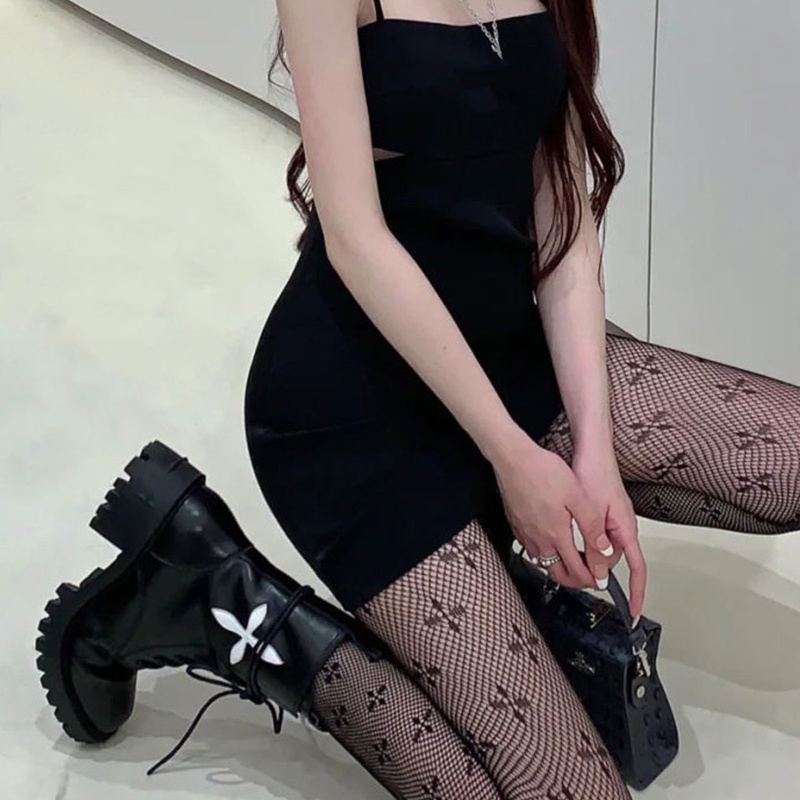 Run Quần Tất Lưới Jacquard Rỗng Họa Tiết Cỏ Bốn Lá Harajuku Gothic Punk Cho Nữ Hàng Có Sẵn