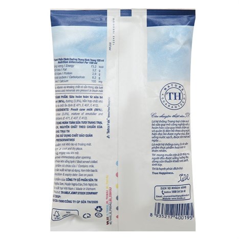 Sữa tươi tiệt trùng có đường TH true MILK bịch 220ml
