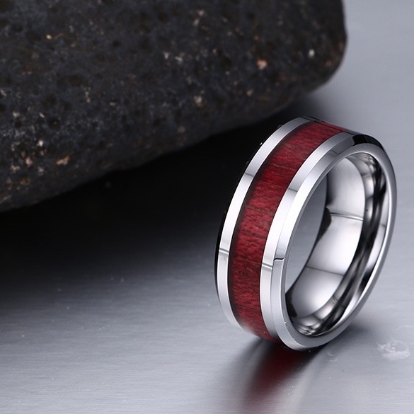 Nhẫn nam nữ tròn Unisex màu bạc đỏ Thời trang Kuu Studio chất liệu Titan đẹp đơn giản - Nhẫn Red Wood