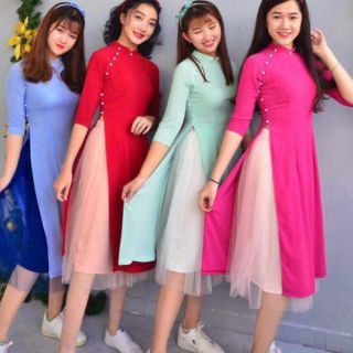Áo dài cách tân váy voal lưới 3 món kèm hình thật