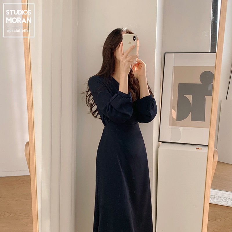 Váy dài tay mua thu MORAN cổ V vắt chéo xòe dài đơn giản thanh lịch sang trọng Korea