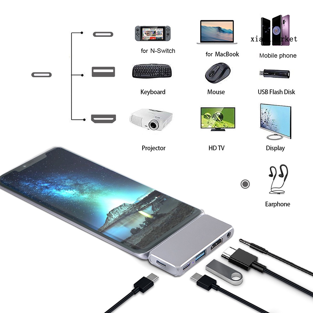 LOP_5 in 1 Type C 4K HDMI-compatible USB 3.0 Charging Hub Adapter Converter for Phone Laptop