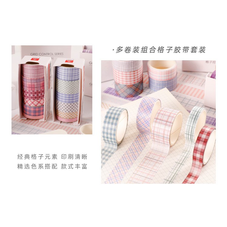 Set 6 cuộn băng keo washi kẻ caro xinh xắn