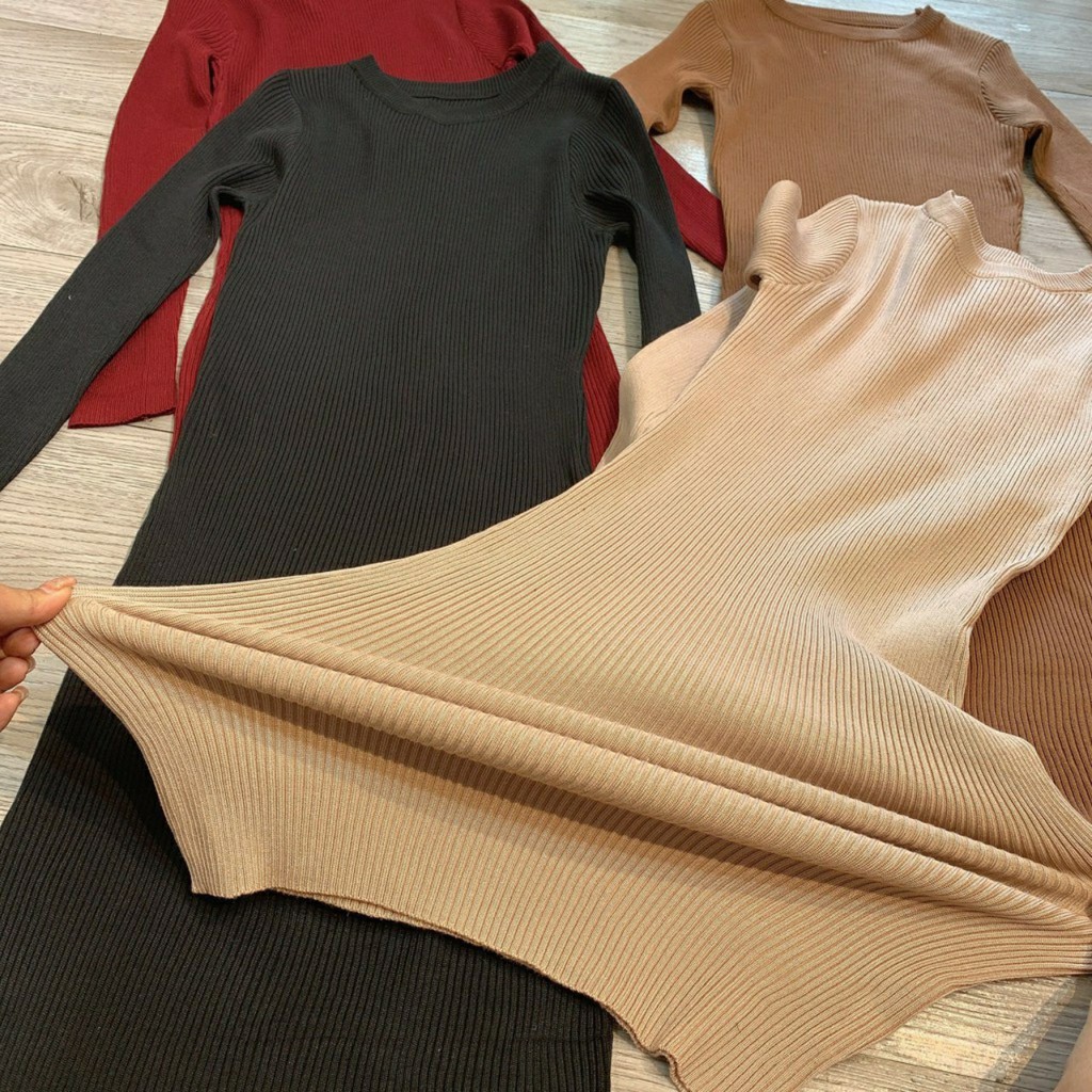 Váy body tay dài cổ tròn chất cotton tăm 3 màu