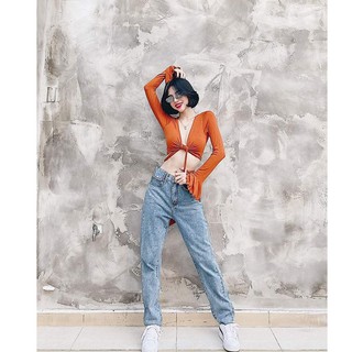 Crop tay dài loe cột bụng