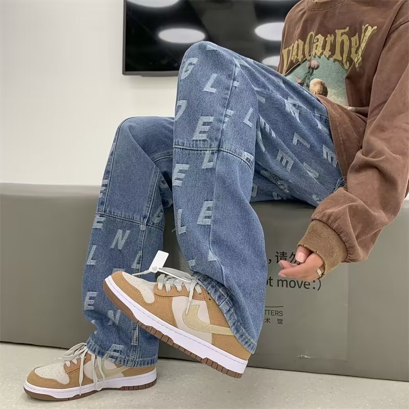 Quần Jean Dài Dáng Rộng In Chữ Phong Cách Hip Hop Nhật Bản Thời Trang Cho Nam Và Nữ Size S-3XL