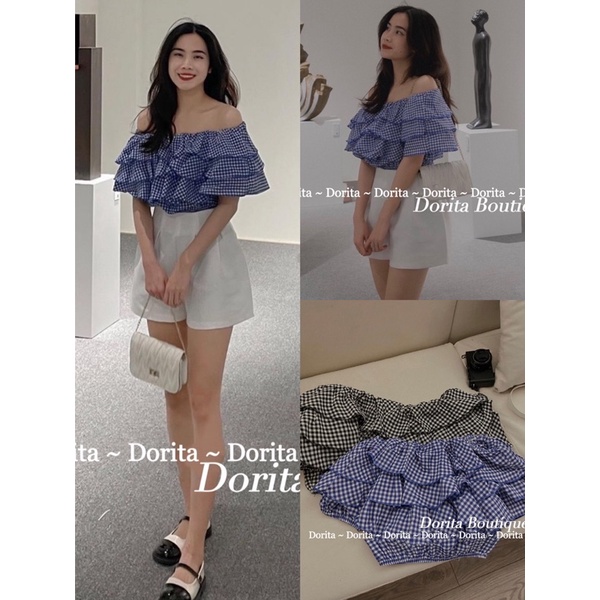Áo trễ vai kẻ Caro Hàn Quốc, Áo trễ vai Caro siêu xinh - Dorita Boutique