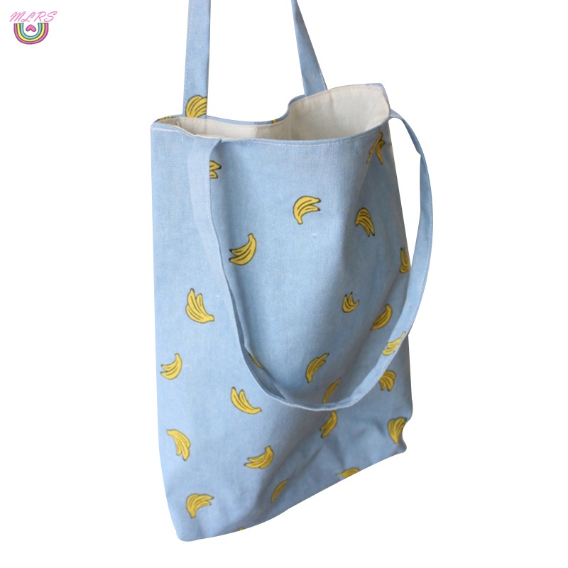 Túi tote đeo vai bằng vải canvas in họa tiết quả chuối màu xanh dương thời trang cho nữ