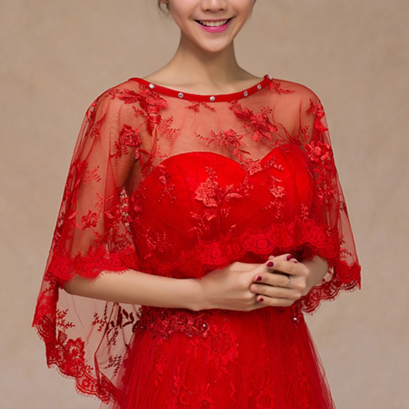 Xiangbao Khăn Choàng Cổ Vải Tuyn Phối Ren Thêu Hoa Trang Trí Lông Mi Cao Thấp Dành Cho Cô Dâu Bolero